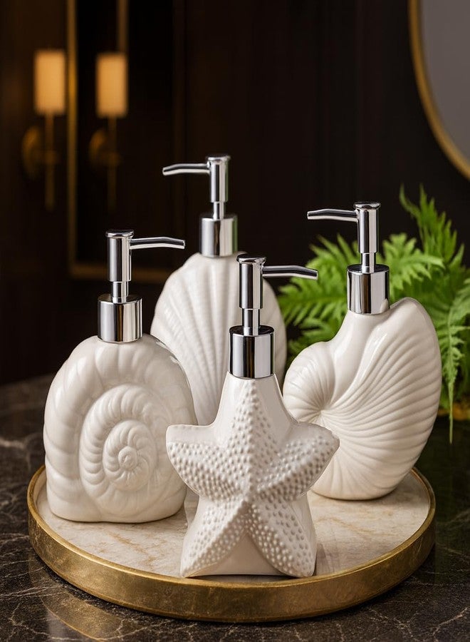 Whizzo Ceramic Shell Shaped Liquid Soap Dispenser with Chrome Pump | Elegant Bathroom & Kitchen Accessory | White Glossy Finish | Refillable Handwash Lotion Bottle (420ML, LD-212, Design4) - Image 4